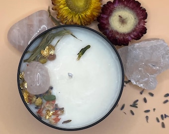 Strawberry Moon Candle – Strawberry Guava Scented | Rose Quartz, Jade, Moonstone, Lavender | Ritual Candle | Organic Soy Wax | Full Moon|