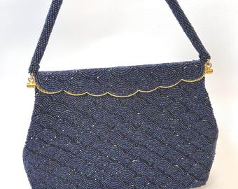 Bolso de noche vintage azul marino con cuentas de semillas – Monedero estilo abanico Art Déco, marco dorado