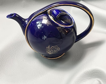Vintage Hall Porslins Tekanna – Koboltblå Art Deco Keramik Tekanna med 6 Koppar