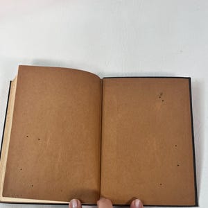 Puede incluir: Un libro abierto con p&aacute;ginas marrones y una cubierta negra. Las p&aacute;ginas est&aacute;n envejecidas, con peque&ntilde;as manchas oscuras. El libro est&aacute; sostenido abierto por dedos, con las p&aacute;ginas ligeramente curvadas. El fondo es una superficie blanca lisa.