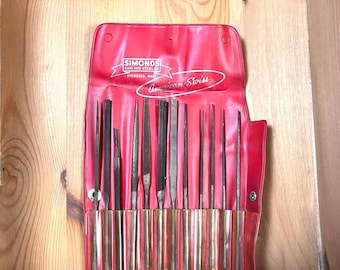 Vintage Simonds Swiss Pattern File Set – 12 Files in Red Pouch – Set No. 4 – Industrial Tool Collector