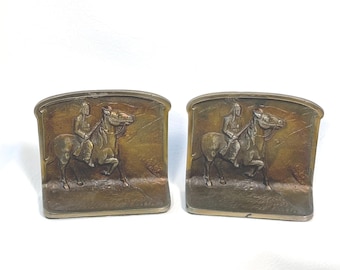 Vintage Bronze Indian Scout Warrior Bookends – Cast Metal Western Decor w/ Patina