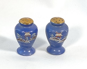 Vintage Cobalt Blue Salt Shakers – Hand-Painted Japan Pagoda Scene, Gold Lids