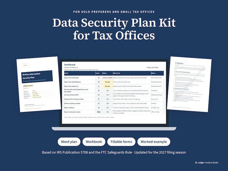 Data Security Plan Kit for Tax Offices: Word plan, workbook, fillable forms and worked example