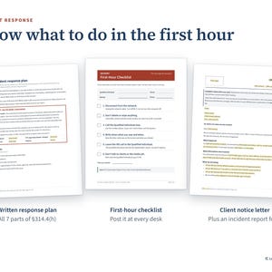 Incident response pages: written plan, first-hour checklist and client notice letter