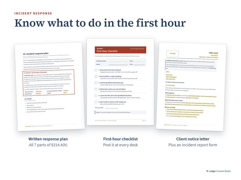 Incident response pages: written plan, first-hour checklist and client notice letter