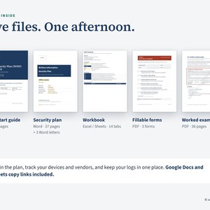 The five files in the kit: quick-start guide, Word plan and letters, workbook, fillable forms, worked example