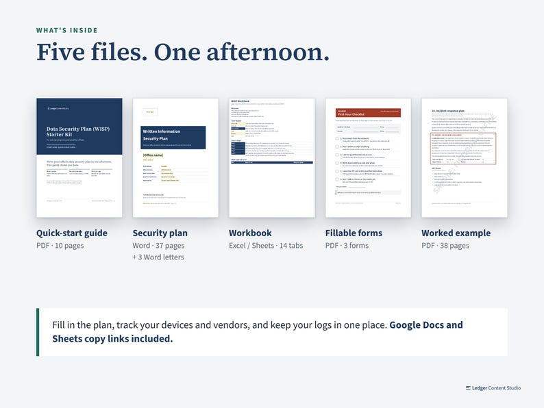 The five files in the kit: quick-start guide, Word plan and letters, workbook, fillable forms, worked example