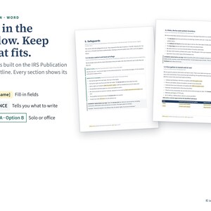 Preview of the Word security plan with yellow fill-in fields and guidance boxes