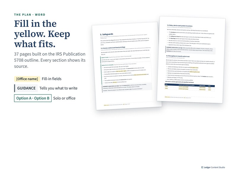 Preview of the Word security plan with yellow fill-in fields and guidance boxes