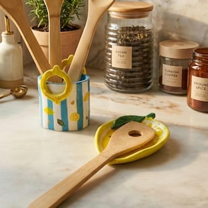 Handmade Lemon Ceramic Kitchen Set, Utensil Holder & Spoon Rest,Blue White Striped Kitchen Decor, Hand Painted Mediterranean Kitchen Gift