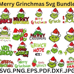 Puede incluir: Un conjunto de diseños SVG con temática de Grinch para Navidad. Los diseños presentan la cara del Grinch con un gorro de Papá Noel, con textos como "Merry Grinchmas", "Grinch Mode" y "Little Grinch". Los formatos de archivo son SVG, PNG, EPS, PDF, DXF y JPG.