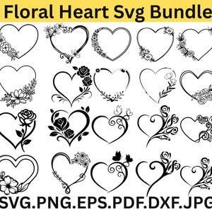 Puede incluir: Una colección de diseños de corazones florales en blanco y negro. Cada corazón está decorado de forma única con flores, hojas y espirales. El texto "Floral Heart Svg Bundle" está en la parte superior, y las extensiones de tipo de archivo están en la parte inferior.
