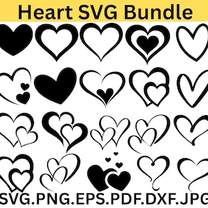 Puede incluir: Una colección de diseños de corazones negros en varios estilos. La imagen incluye corazones sólidos, corazones delineados y corazones con detalles internos. El texto en la parte superior dice "Heart SVG Bundle", y el texto inferior enumera formatos de archivo.