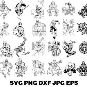 Puede incluir: Una colección de ilustraciones en blanco y negro de Spider-Man en varias poses de acción. Las imágenes muestran a Spider-Man balanceándose, agachado y usando su telaraña. El texto "SVG PNG DXF JPG EPS" se muestra en la parte inferior.