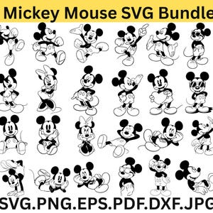 Pode incluir: Uma coleção de designs SVG do Mickey Mouse em preto e branco em várias poses. A imagem inclui o texto "Mickey Mouse SVG Bundle" no topo e opções de tipo de arquivo na parte inferior: SVG.PNG.EPS.PDF.DXF.JPG.