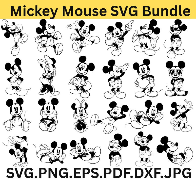 May include: A collection of black and white Mickey Mouse SVG designs in various poses. The image includes the text "Mickey Mouse SVG Bundle" at the top and file type options at the bottom: SVG.PNG.EPS.PDF.DXF.JPG.
