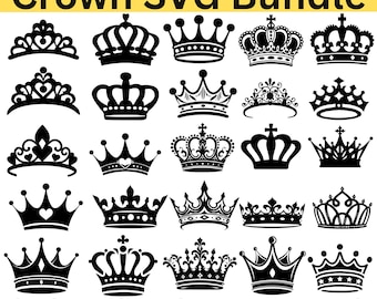 Puede incluir: Una colección de diseños de coronas negras en varios estilos, incluyendo tiaras y coronas reales ornamentadas. El texto "Crown SVG Bundle" está en la parte superior, con opciones de tipo de archivo en la parte inferior.