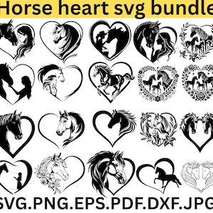 Könnte beinhalten: Eine Sammlung von schwarz-weißen SVG-Designs zum Thema Pferde. Die Designs umfassen Pferde, Silhouetten von Menschen mit Pferden und Pferdeköpfe, alle in herzförmigen Rahmen. Der Text "Horse heart svg bundle" steht oben, und Dateierweiterungen stehen unten.