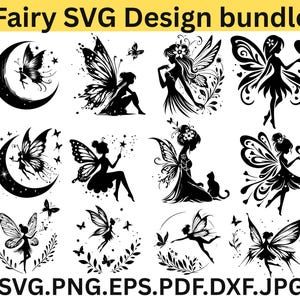 Pode incluir: Um pacote de design Fairy SVG em preto e branco. O design apresenta várias silhuetas de fadas com asas de borboleta, estrelas e elementos florais. O texto "Fairy SVG Design bundle" está no topo e as extensões de tipo de arquivo na parte inferior.