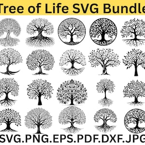 May include: A black and white SVG bundle featuring various tree of life designs. The collection includes detailed illustrations of trees with intricate roots and branches, perfect for digital art projects.