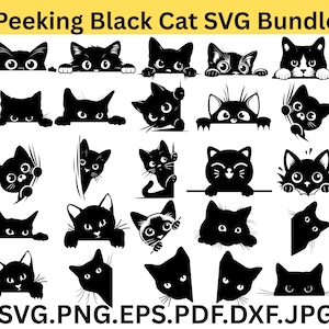 May include: A collection of black cat SVG designs in various poses, including peeking over edges and corners. The text "Peeking Black Cat SVG Bundle" is at the top, with file type options at the bottom.