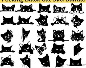 Gluren zwarte kat SVG | Schattige kat gezicht SVG | Grappig Cat Peek-ontwerp | Kattenliefhebber Cricut gesneden bestand | Digitale download