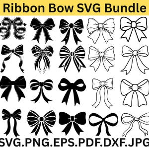 May include: A collection of black ribbon bow designs in various styles. The image includes bows with different knot and loop configurations, suitable for crafting or design projects. The text "Ribbon Bow SVG Bundle" is at the top, with file type options at the bottom.