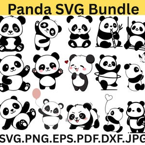 May include: A collection of black and white panda bear illustrations in various poses. The image includes pandas sitting, waving, and playing, with the text "Panda SVG Bundle" at the top and file type extensions at the bottom.
