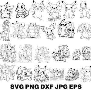 Könnte beinhalten: Schwarz-Weiß-Illustrationen verschiedener Pokémon-Charaktere, darunter Pikachu, Schiggy und Bisasam. Das Bild enthält auch den Text "SVG PNG DXF JPG EPS".