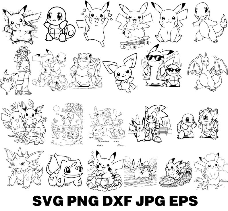 May include: Black and white line art illustrations of various Pok&eacute;mon characters, including Pikachu, Squirtle, and Bulbasaur. The image also includes the text "SVG PNG DXF JPG EPS".