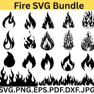May include: A selection of black fire SVG graphics in diverse forms. The image features the text "Fire SVG Bundle" and file type details. These graphics are ideal for digital design applications and creative projects.