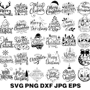 Puede incluir: Una colección de diseños navideños en blanco y negro. La imagen presenta varios diseños de texto con las palabras "Merry Christmas" en diferentes fuentes y estilos, junto con ilustraciones festivas como adornos, árboles y renos.