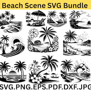 May include: A set of black and white beach scene SVG designs. The designs feature palm trees, waves, sunsets, beach chairs, and a surfer. The text "Beach Scene SVG Bundle" is at the top, and file type extensions are at the bottom.