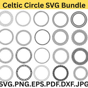 Może przedstawiać: Kolekcja wzorów celtyckich okręgów w różnych stylach, w tym plecionych, linowych i węzłowych. Obraz przedstawia wiele okrągłych ramek w czerni i bieli, odpowiednich do projektów projektowania cyfrowego. Tekst u góry brzmi "Celtic Circle SVG Bundle".