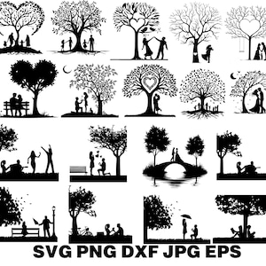 May include: A collection of black silhouette images featuring trees with couples, families, and individuals. The tree designs include heart-shaped foliage and scenes of proposals, picnics, and reading. The bottom of the image displays the text "SVG PNG DXF JPG EPS."