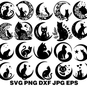 Könnte beinhalten: Eine Sammlung schwarzer Katzen-Silhouetten in verschiedenen Posen, jeweils in einem Halbmond. Einige Designs enthalten Sterne, florale Elemente und komplizierte Muster. Geeignet für Bastelprojekte.