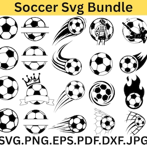 Könnte beinhalten: Eine Sammlung von schwarz-weißen SVG-Grafiken zum Thema Fußball. Die Designs umfassen Fußbälle, Actionaufnahmen und eine Spielersilhouette. Der Text oben lautet "Soccer Svg Bundle" und unten "SVG.PNG.EPS.PDF.DXF.JPG".
