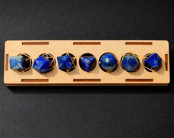 Lapis Lazuli Platonic Solids Sacred Geometry Set | 7 Pcs Crystal Merkaba Altar Tools (Wooden Box)