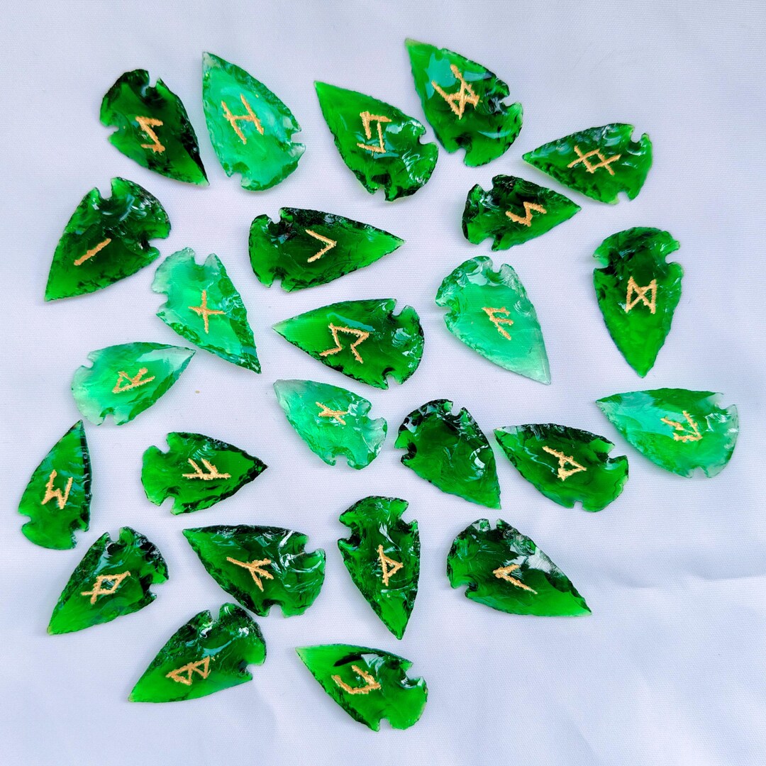 Green Rune Unleashed Elder Futhark Rune Set Green Aqua Obsidian Glass Arrowheads 25 Pcs ...