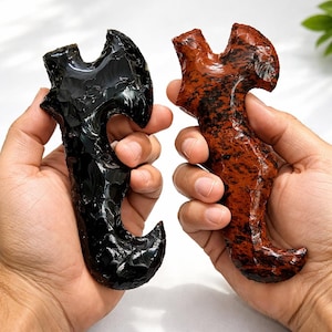 Viking Axe Obsidian Blades 6 Inch Set of 2, Hand Knapped Black and Mahogany Obsidian Daggers, Volcanic Glass Ritual Athame Set Stone Art