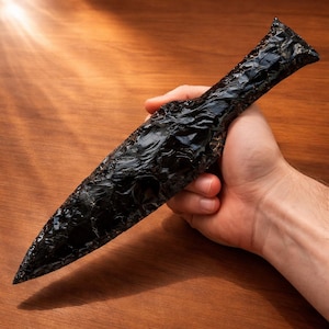 Puede incluir: Un cuchillo de obsidiana negra con una superficie texturizada. La hoja es larga y puntiaguda, sostenida en una mano sobre un fondo de madera. El cuchillo tiene una textura rugosa y desigual y un aspecto oscuro y brillante.