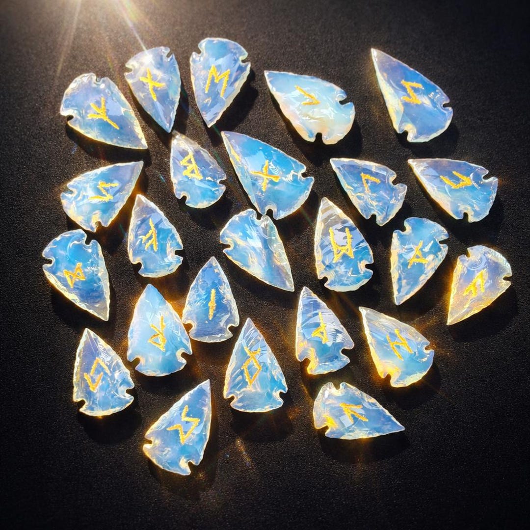 Opalite Glass Crystal Arrowhead Rune Set Elder Futhark Engraved Runes ...