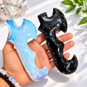 Hand Knapped Black Obsidian and Opalite Crystal Knife Set of 2, Viking Axe Blades 6 Inch, Volcanic Glass Ritual Athame Duo, Nordic Stone Art
