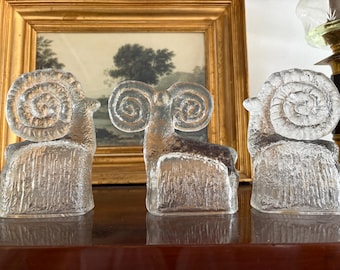 3 Pavel Pánek Glass Animals – 2 Beran Rams & Kozoroh Goat, 1971 Sklo Union Rudolfova Hut Czech Glass