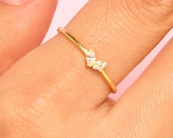 Marquise Diamond Ring, 14k Solid Gold Leaf Diamond Wedding Ring, Dainty Ring with Diamond, Minimalist Stacking Ring, Engagement Gift for Her