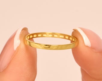 14k Solid Gold 2mm Flat Wedding Band, Polished Yellow Gold Wedding Ring for Men and Women, Classic Thin Band, Dainty Minimalist Unisex Ring