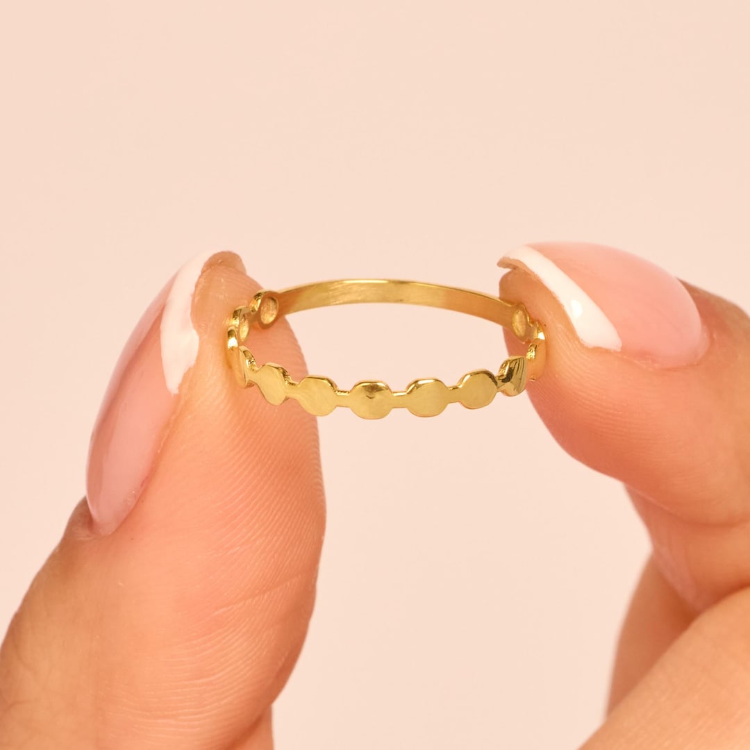 14k Solid Gold Beaded Dot Band, Slim Round Disc Eternity Ring ...