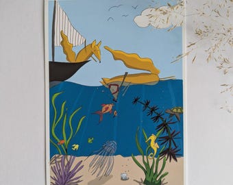 Pode incluir: Ilustração fantasiosa de uma raposa num veleiro e duas raposas em caiaques. Debaixo de água, um mergulhador, peixes, uma alforreca, um cavalo-marinho e uma tartaruga. A cena é contra um céu e um mar azuis.