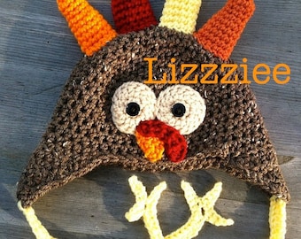 Turkey Crochet Hat PATTERN PDF - easy beanie or earflap hats newborn to adult - Instant Digital Download